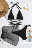 Black Fashion Sexy Solid Backless Strap Design Swimwear Three-piece Set