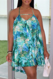 Turquoise Sexy Casual Print Backless Halter Sleeveless Dress