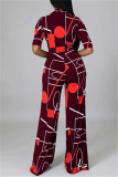 Deep Blue Fashion Casual Print Basic V Neck Regular Jumpsuits