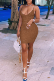 Coffee Sexy Solid Draw String Spaghetti Strap Pencil Skirt Dresses