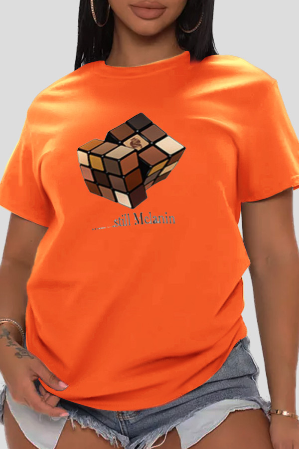 Orange Fashion Street Print Patchwork Letter O Neck T-Shirts
