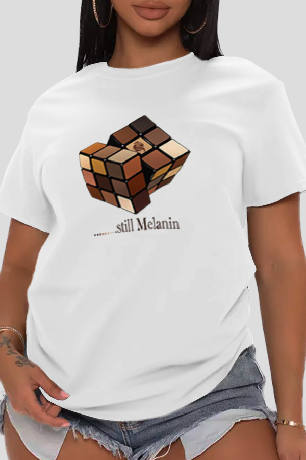 White Fashion Street Print Patchwork Letter O Neck T-Shirts