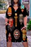 Colour Casual Street Print Patchwork V Neck Straight Dresses