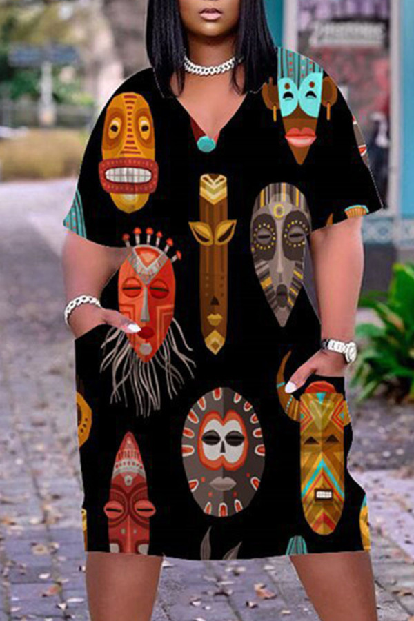 Black Casual Street Print Patchwork V Neck Straight Dresses