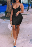 Coffee Sexy Solid Draw String Spaghetti Strap Pencil Skirt Dresses