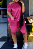 Red Fashion Casual Solid Basic Oblique Collar Short Sleeve Two Pieces