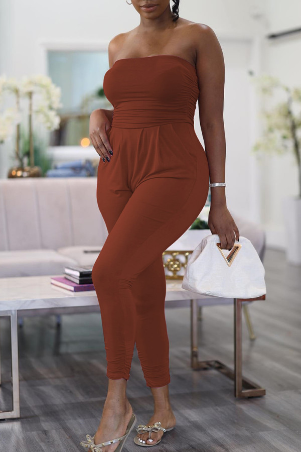 Brownness Sexy Casual Solid Backless Fold Strapless Skinny Jumpsuits