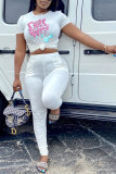 White Fashion Casual Print Patchwork Letter O Neck T-Shirts