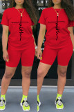 Red Fashion Casual Print Basic O Neck Short Sleeve Two Pieces