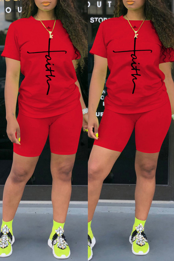 Red Fashion Casual Print Basic O Neck Short Sleeve Two Pieces