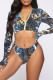 Black Fashion Sexy Print Basic Long Sleeves Swimwear Set