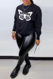Black Fashion Street Butterfly Print Patchwork O Neck Tops