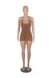 Coffee Sexy Solid Draw String Spaghetti Strap Pencil Skirt Dresses