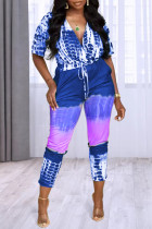 Purplish Blue Fashion Casual Print Split Joint V Neck Regular Jumpsuits