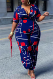 Deep Blue Fashion Casual Print Basic V Neck Regular Jumpsuits