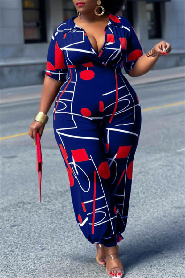 Deep Blue Fashion Casual Print Basic V Neck Regular Jumpsuits