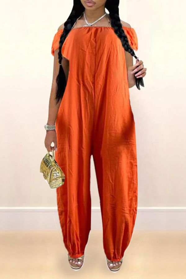 Orange Casual Solid Patchwork Off the Shoulder Harlan Jumpsuits