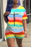 Multicolor Fashion Casual Striped Print Basic O Neck Short Sleeve Two Pieces