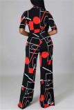 Deep Blue Fashion Casual Print Basic V Neck Regular Jumpsuits
