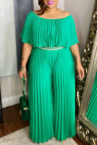 Green Casual Solid Split Joint Fold Off the Shoulder Plus Size Jumpsuits
