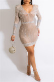 Grey Fashion Sexy Patchwork Hot Drilling See-through Beading V Neck Long Sleeve Dresses