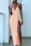 Orange Fashion Sexy Solid Backless Slit Spaghetti Strap Long Dress