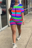 Multicolor Fashion Casual Striped Print Basic O Neck Short Sleeve Two Pieces