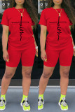 Red Fashion Casual Print Basic O Neck Short Sleeve Two Pieces