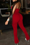 Red Sexy Solid Split Joint Slit Strapless Regular Jumpsuits