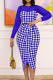 Blue Elegant Plaid Print Patchwork See-through Asymmetrical O Neck One Step Skirt Dresses