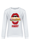 White Fashion Cute Lips Printed Patchwork Letter O Neck Tops