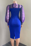 Blue Sexy Print Split Joint O Neck One Step Skirt Dresses