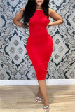 Red Sexy Casual Solid Hollowed Out Backless O Neck Sleeveless Dress