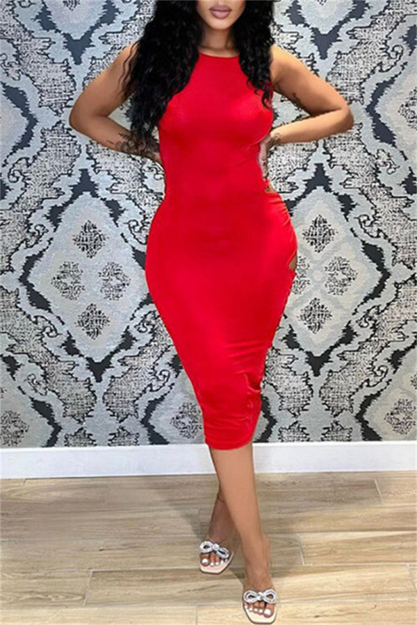 Red Sexy Casual Solid Hollowed Out Backless O Neck Sleeveless Dress