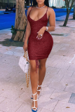 Coffee Sexy Solid Draw String Spaghetti Strap Pencil Skirt Dresses