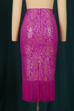Purple Sexy Print Tassel Patchwork Straight High Waist Straight Full Print Bottoms