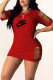 Red Fashion Casual Print Ripped O Neck One Step Skirt Dresses