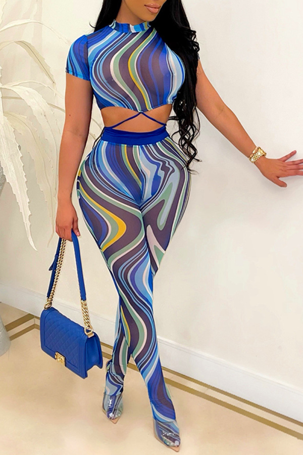Blue Sexy Print Patchwork Half A Turtleneck Short Sleeve Two Pieces