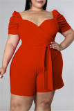 Red Fashion Casual Solid Hollowed Out V Neck Plus Size Romper