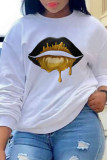 White Fashion Simplicity Lips Printed Patchwork O Neck Tops