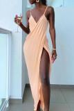 Orange Fashion Sexy Solid Backless Slit Spaghetti Strap Long Dress
