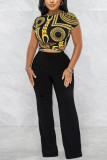 Black Fashion Casual Simplicity Print Frenulum Pullovers O Neck Tops