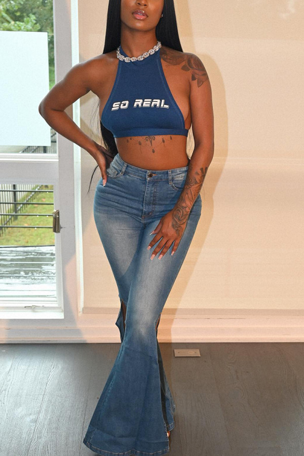 Blue Fashion Sexy Letter Frenulum Halter High Waist Tops