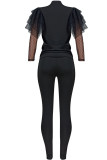 Black Casual Solid Patchwork See-through Mesh O Neck Long Sleeve Two Pieces