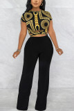 Black Fashion Casual Simplicity Print Frenulum Pullovers O Neck Tops