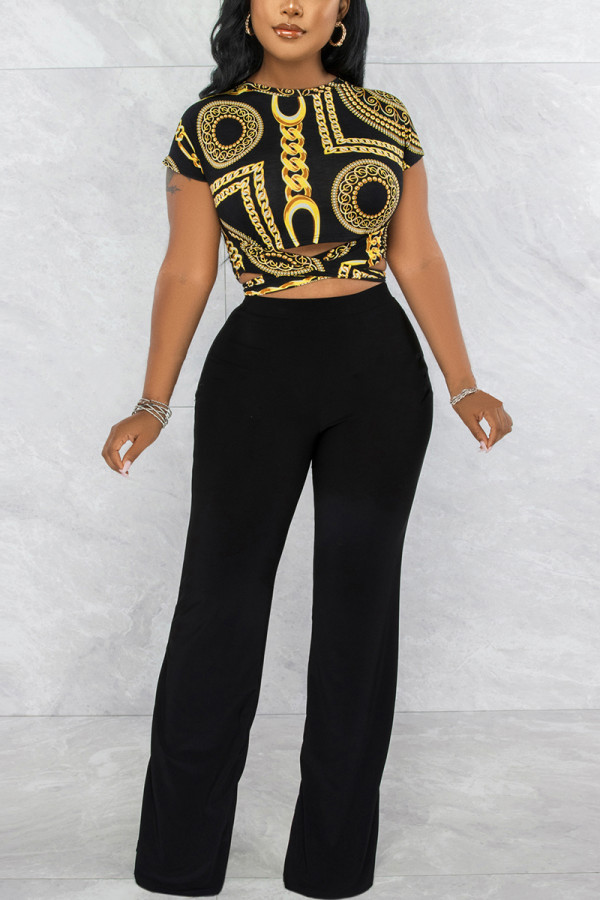 Black Fashion Casual Simplicity Print Frenulum Pullovers O Neck Tops
