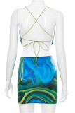 Green Fashion Sexy Print Backless Cross Straps Spaghetti Strap Sleeveless Two Pieces