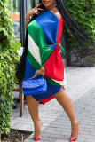 Multicolor Fashion Casual Patchwork Bandage Oblique Collar Irregular Dress