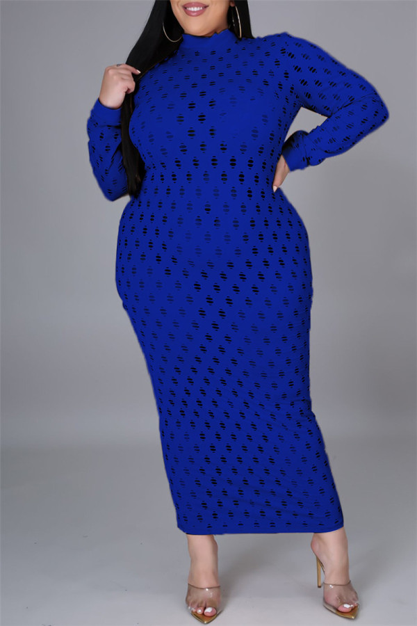 Blue Sexy Solid Hollowed Out See-through Half A Turtleneck Long Sleeve Plus Size Dresses