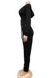 Black Casual Solid Tassel Split Joint Hooded Collar Long Sleeve Two Pieces